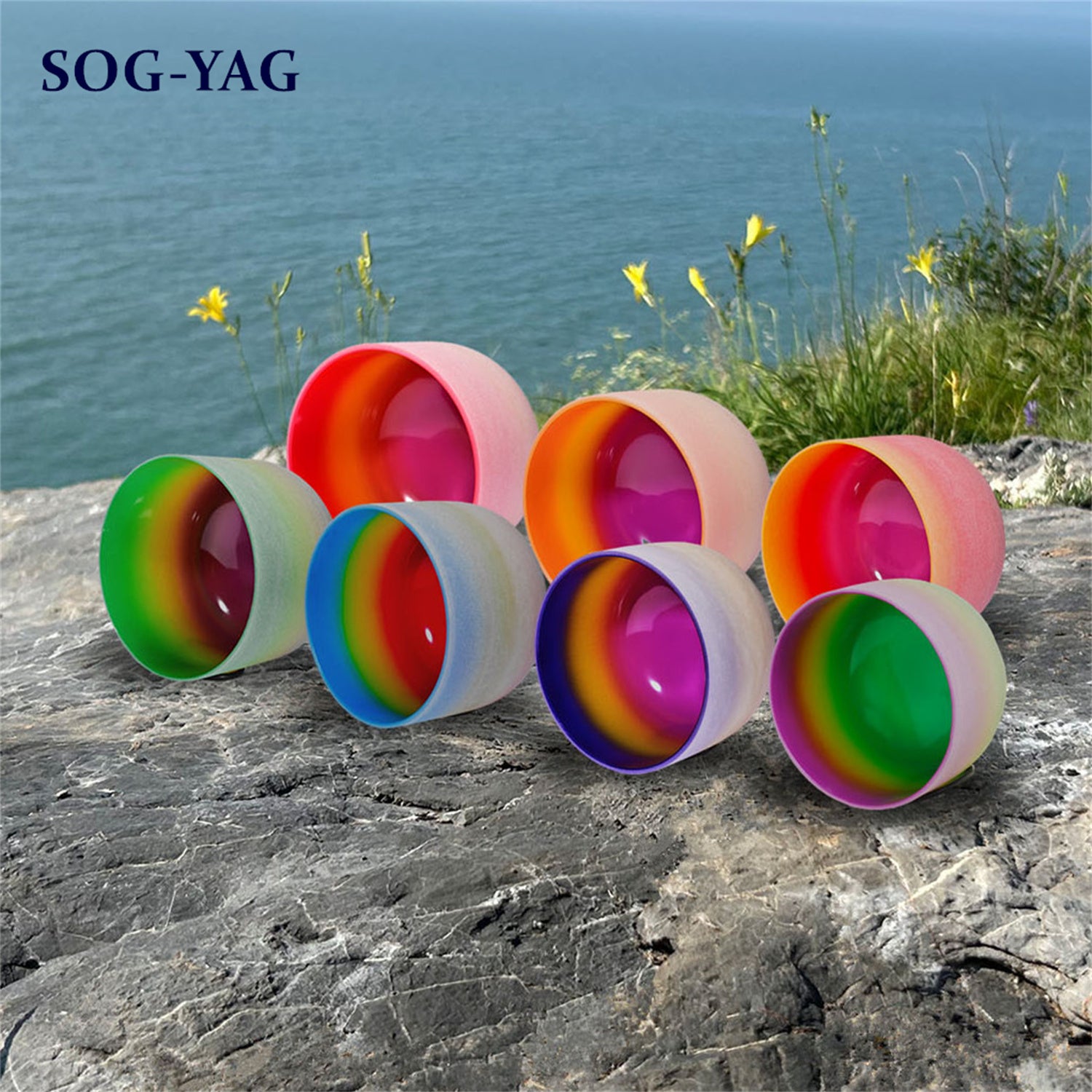 SOG-YAG 8-14 Inch Frosted Rainbow Crystal Singing Bowl Set 7 PCs 432HZ/440HZ