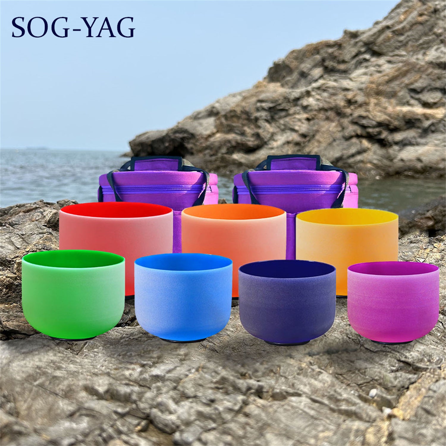 SOG-YAG 8-14 Inch Frosted Colored Crystal Singing Bowl Set 7 PCs 432HZ/440HZ