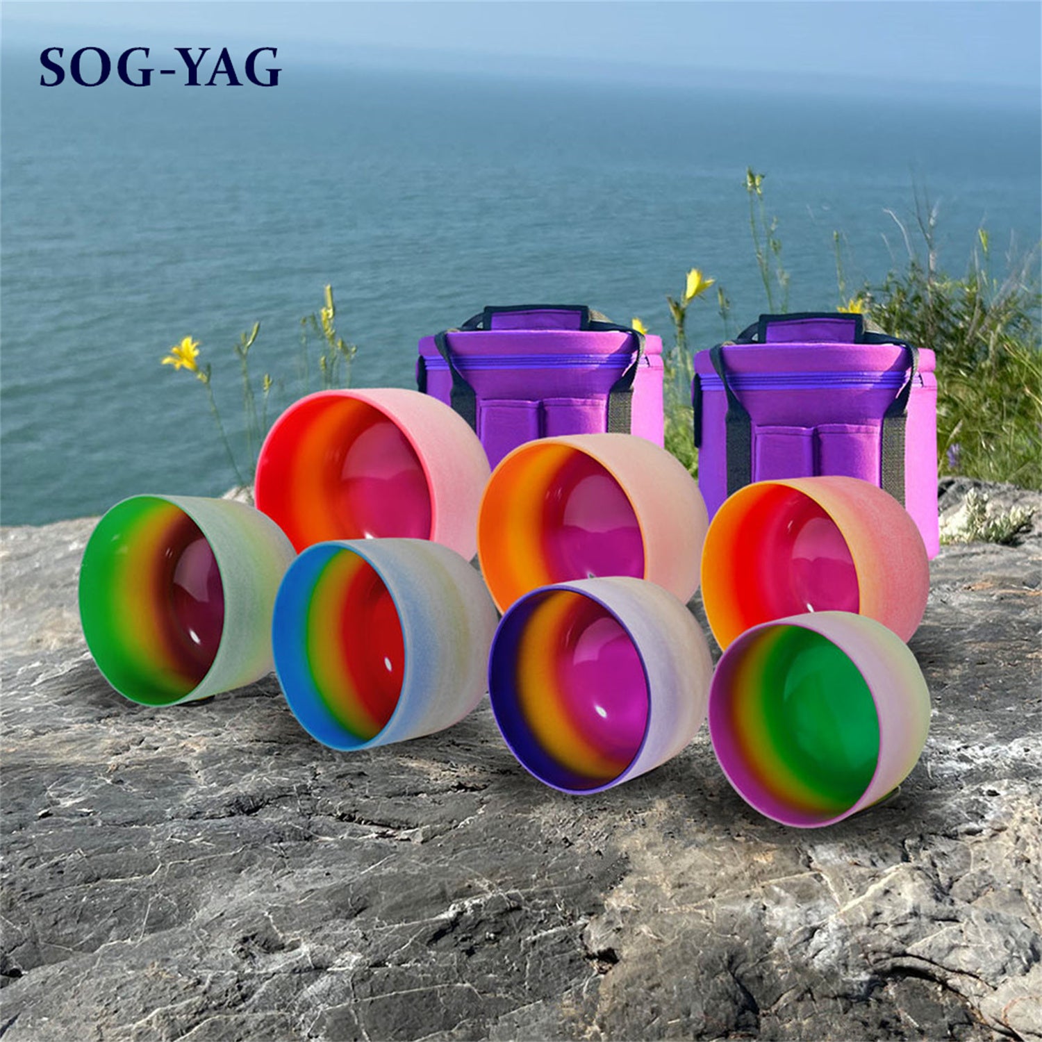 SOG-YAG 8-14 Inch Frosted Rainbow Crystal Singing Bowl Set 7 PCs 432HZ/440HZ