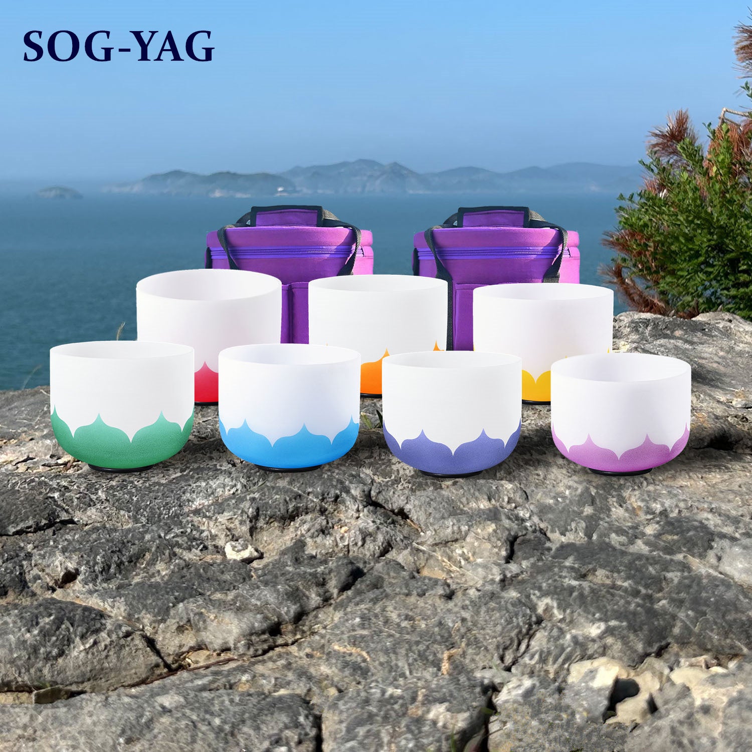 SOG-YAG 8-14 Inch Frosted Lotus Crystal Singing Bowl Set 7 PCs 432HZ/440HZ