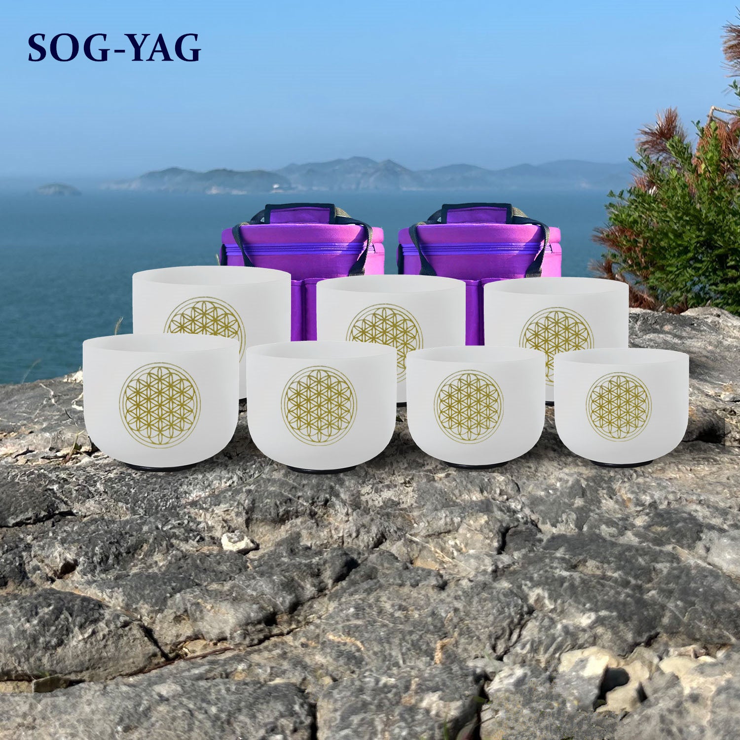 SOG-YAG 8-14 Inch Flower Of Life Frosted Crystal Singing Bowl Set 7 PCs 432HZ/440HZ