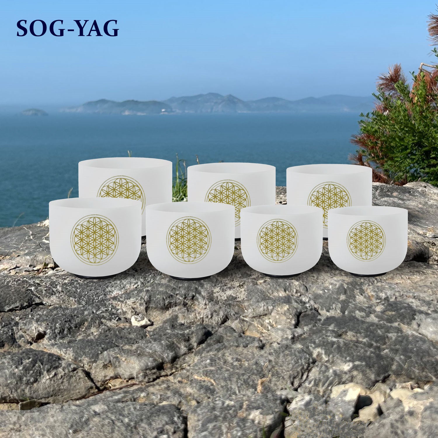 SOG-YAG 8-14 Inch Flower Of Life Frosted Crystal Singing Bowl Set 7 PCs 432HZ/440HZ